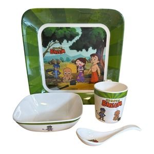CHHOTA BHEEM Children's 4-Piece Melamine Dish Set (Plate, Bowl, Cup, Spoon) USA